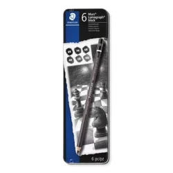 ست 6 عددی مداد طراحی لوموگراف ذغالی بدنه مشکی استدلر مدل Mars Lumograph black 100B