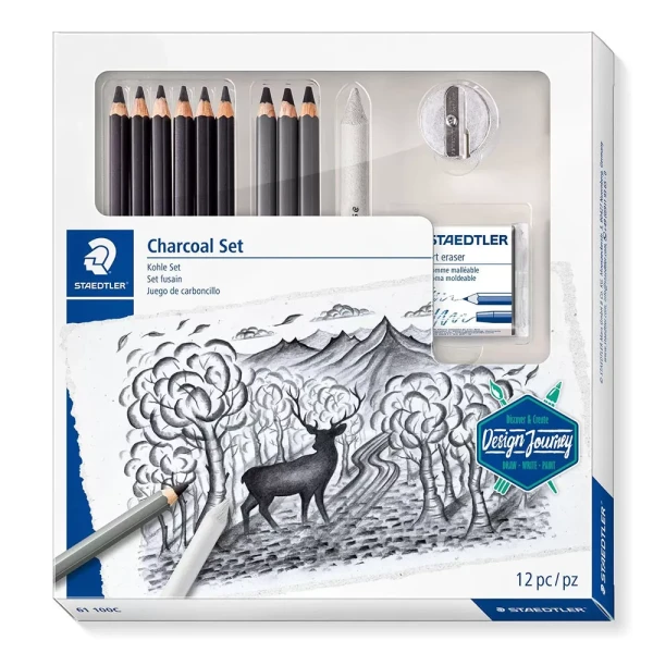  ست مداد زغالی و مداد کنته استدلر با پاکن خمیری، تراش و محوکن مدل 100C charcoal set