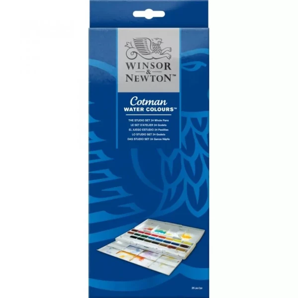 آبرنگ 24 رنگ وینزور اند نیوتن قرص بزرگ مدل The Cotman Studio Set - 24 Whole Pans